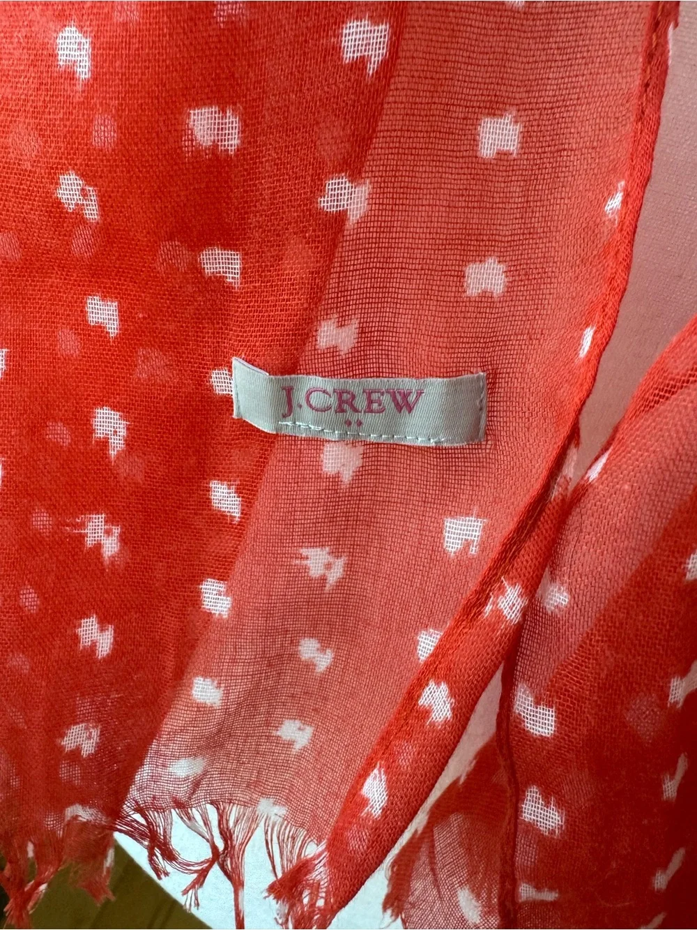 J. Crew Coral Red White Polka Dot Lightweight Rectangle Scarf with Fringe